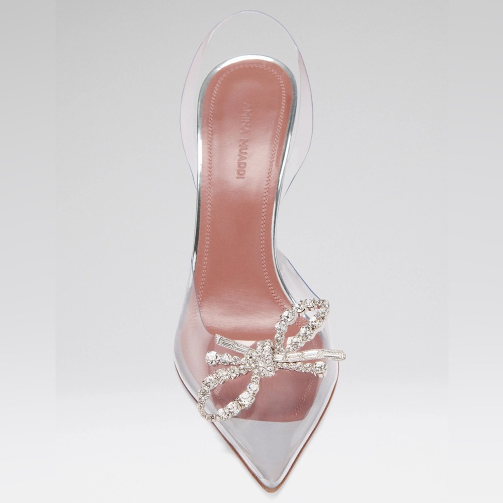 Amina Muaddi Silver Heels with Crystal Embellishments